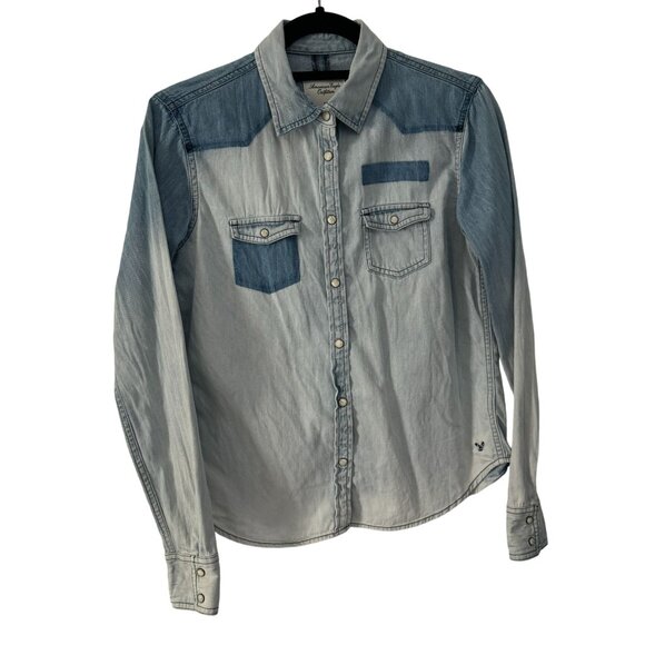 American Eagle Outfitters Tops - American Eagle Outfitters Women's Denim Button-Up Shirt S/P Two Tone Blue